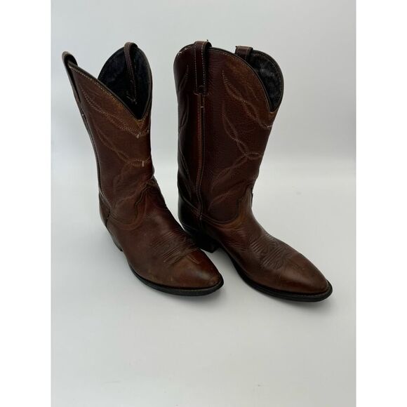 Vulcan Vintage Embroidered Accent Leather Pointed Toe Cowboy Western Boots Brown - Picture 1 of 7